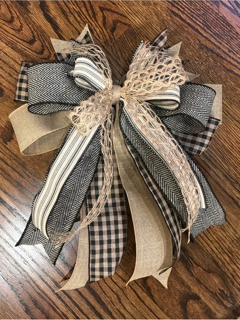 Neutral Buffalo Check and Burlap Ribbon Bow Wreath Accent